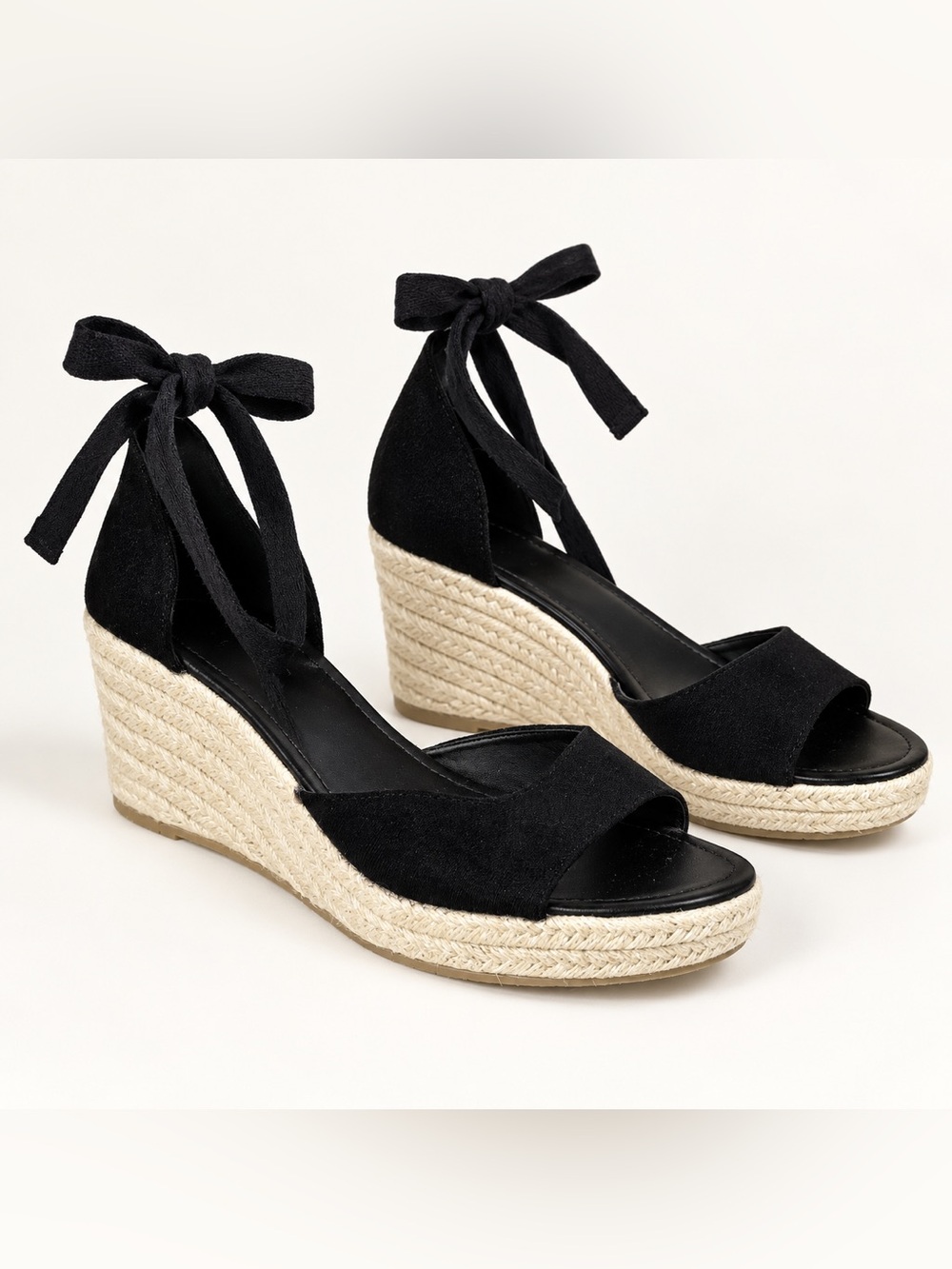 Black Ankle-Tie Espadrille Wedge Sandals Size 43 - Picture 2 of 10